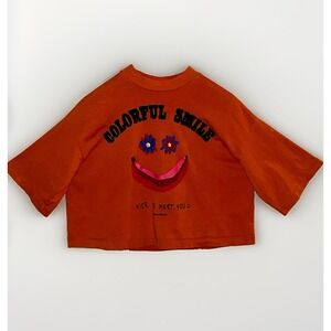 FARM Rio Colorful Smile Graphic Crop Top T Shirt Orange Boxy Short Sleeve Tee LG